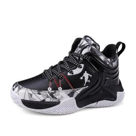 New leather children's basketball sneakers teenagers primary and secondary school students student trend sports casual shoes (Color: black and white, size: 36)