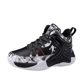 New leather children's basketball sneakers teenagers primary and secondary school students student trend sports casual shoes (Color: black and white, size: 33)