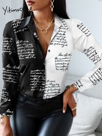 Patchwork Button Up Shirt Women Tops Long Sleeve Blouse Turn-down Collar Design Print Camouflage Fashion White Black Letter 2023 (Color: Camouflage, size: M)