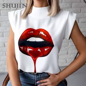 SHUJIN 2021 Fashion Women Elegant Lips Print Tops Blouse Shirts Summer Ladies Office Casual Stand Neck Pullovers Eye Blusa Tops (Color: Pink, size: L)
