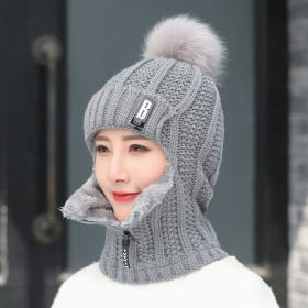 Coral Fleece Women Knitted Hats Add Fur Warm Winter Hats for Women with Zipper Scarf Keep Face Warmer Balaclava Pompoms Cap (Color: GREY)