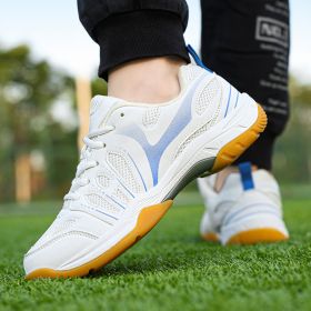 New super light breathable couple badminton shoes Fashion comfortable men's sports shoes tennis shoes (Color: White and blue, size: 41)