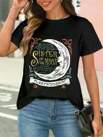 Unique Moon Printed Round Neck T-Shirt, Spring And Summer Casual Short-Sleeved Shirt, Women'S Dress (Color: Black, size: L)