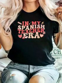 Groovy Spanish Teacher Era" Graphic Tee - 100%, Breathable & Comfort Fit, Short Sleeve Crew Neck Top for Women (Color: Black, size: XL)