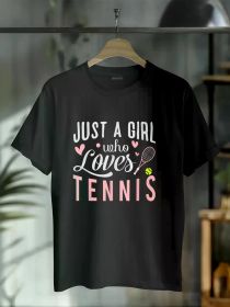 [Feminine Touch] Just a Girl Who Loves Tennis Graphic Tee - Women's Casual T-Shirt with Pink Lettering & Tennis Racket Design (Color: Black, size: XXL)