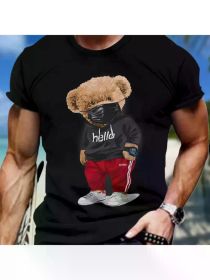 Men'S Bear Graphic Print T-shirt, Casual Short Sleeve Crew Neck Tee, Men'S Clothing For Summer Outdoor, All-Season, Christmas T-shirt. (Color: Black, size: M)