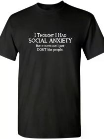 Social Anxiety Print Men's Comfy Cotton Short Sleeves Tee Shirt, Versatile Breathable Summer Top For Leisure & Fitness, Best Gift Choice (Color: Black, size: XL)