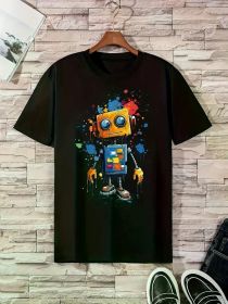 Men's 100% Cotton Robot Graphic Tee - Vibrant, Breathable & Durable Short Sleeve Crew Neck Shirt for Casual Wear (Color: Black, size: XXL)